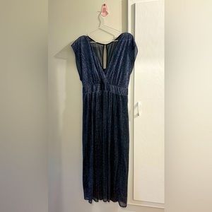 Anthropologie Moulinette Soeurs blue and pink metallic thread midi dress
